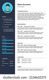 CV Resume Form Template For Job Search. Curriculum Vitae Interview Sample Blank Document With Man Photo. Page Design Filling Out Example For Work Vacancy. Vector Eps Illustration