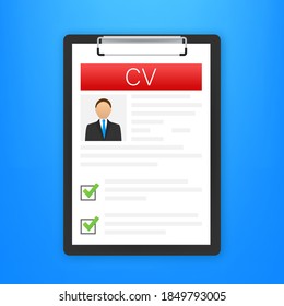 CV resume. Job interview concept. Writing a resume. Laptop with personal resume. Vector illustration.