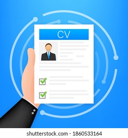 CV resume. Job interview concept. Writing a resume. Laptop with personal resume. Vector illustration.