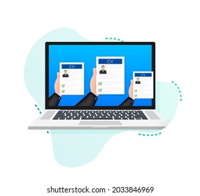 CV resume. Job interview concept. Writing a resume. Laptop with personal resume. Vector illustration
