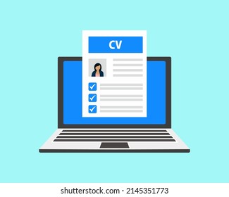 CV resume. Job interview concept. Writing a resume. Laptop with personal resume. Vector illustration
