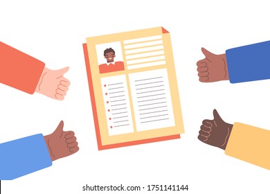 CV, resume with photo of man and different skin color hands showing like, thumb up gesture on white background. Employee approval, hiring, recruitment concept. Flat vector illustration.