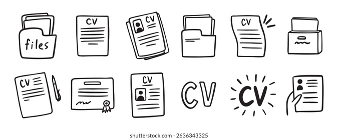 cv and resume and self presentation related doodle hand drawn icon set. Outline drawing cv line clipart symbol collection. Vector illustration