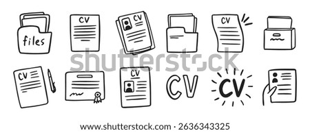 cv and resume and self presentation related doodle hand drawn icon set. Outline drawing cv line clipart symbol collection. Vector illustration