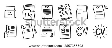cv and resume and self presentation related doodle hand drawn icon set. Outline drawing cv line clipart symbol collection. Vector illustration