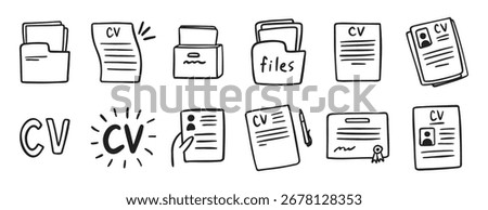cv and resume and self presentation related doodle hand drawn icon set. Outline drawing cv line clipart symbol collection. Vector illustration