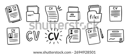 cv and resume and self presentation related doodle hand drawn icon set. Outline drawing cv line clipart symbol collection. Vector illustration
