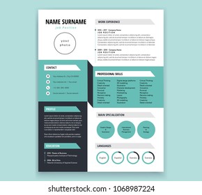 CV Resume template design - cool 3d effect infographic - teal green and black color vector