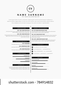 CV resume template design for a creative person - vector minimalist - black and white