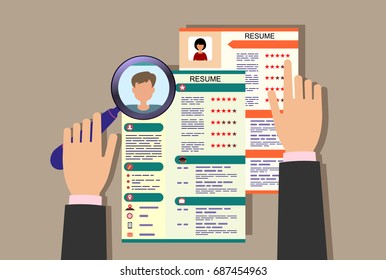Lebenslauf. Setzen Sie das Vorlagendesign mit dem Profilfoto-CV-Symbol fort. Personalverantwortlicher, der Bewerber bewertet. Vektorillustration. 
