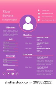 Plantilla de reanudación de CV. Elegante Diseño Suave. Color femenino. Adecuado para la aplicación de trabajo
