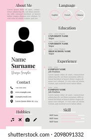 CV Resume Template. Feminine Color Design. Simple Clean Elegant. Beautiful Look. Suitable for Job Application