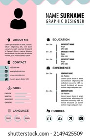 CV Resume Template. Feminine Design Color Background. Editable Vector. A4 Paper Size. Suitable for Job Application