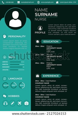 CV Resume Template. Modern Clean Design. Green and Dark Color. Editable Vector. A4 Paper Size. Suitable for Job Application