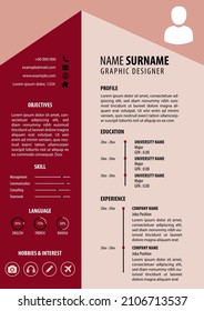 CV Resume Template. Reddish Color Background. Simple Modern Clean Design. A4 Paper Size Vector. Editable. Best for Job Application