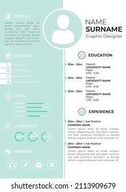 Plantilla de reanudación de CV. Fondo sencillo de color suave. Diseño plano moderno. Tamaño de papel A4. Editable. Perfecto para el buscador de empleo
