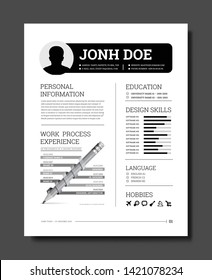 Cv resume template vector illustration with a timeline of work, training, description of skills, hobbies and other information