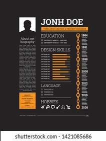 Cv resume template vector illustration with a timeline of work, training, description of skills, hobbies and other information