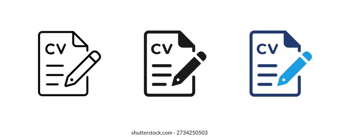 CV y CV icono de escritura con documento y lápiz. Símbolo de solicitud de empleo, desarrollo profesional, proceso de contratación, empleo, gestión de recursos humanos y edición de perfiles profesionales.