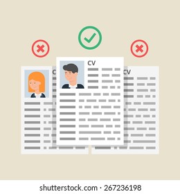 CV resumes, employees selection process. Vector illustration, flat style