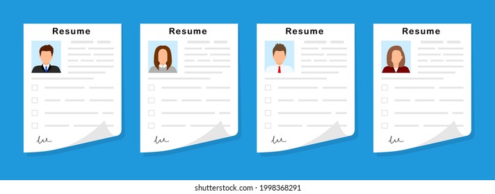 CV, resumes. Resumes form. Recruitment staff. Business resume for job search. Selecting employment.