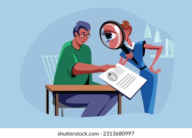 CV screening process. Applicant seated at desk demonstrating resume to human resources manager during interview in company office. Vector illustration