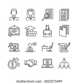 CV Sign Black Thin Line Icon Set Include of Resume, Meeting and Briefcase. Vector illustration of Recruitment Icons