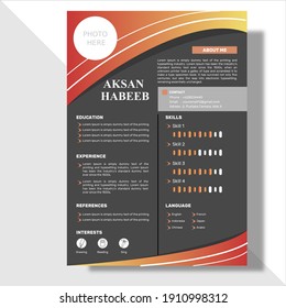 a cv template to apply for jobs. with A4 paper size which is designed simply with orange mixed with yellow and blackish gray