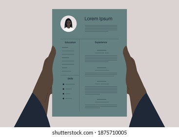 CV template, a personal perspective view of hands holding a resume, employment process concept