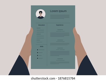 CV template, a personal perspective view of hands holding a resume, employment process concept, racial equality