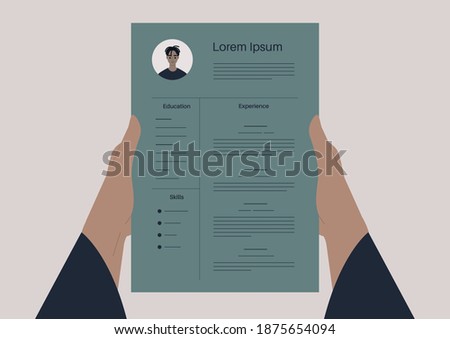 CV template, a personal perspective view of hands holding a resume, employment process concept, caucasian HR manager hiring a Black employee, racial equality