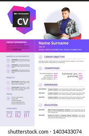 CV template for programmer. Easy editable, include stroke thin line icons.