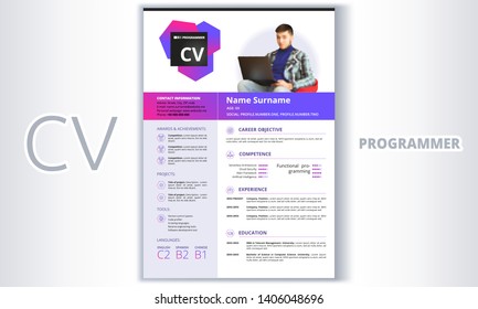 CV template for programmer. Easy editable, include stroke thin line icons.