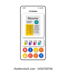 CV templates builder smartphone interface vector template. Mobile app page color design layout. Professional resume writing. Flat UI for application. Curriculum vitae editing phone display
