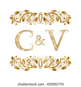 C&V vintage initials logo symbol. The letters are surrounded by ornamental elements. Wedding or business partners monogram in royal style.
