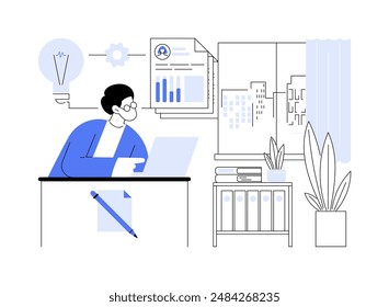 CV writing service abstract concept vector illustration. Man creates CV using laptop, HR management, human resources, recruiting industry, headhunting agency, staffing idea abstract metaphor.