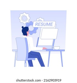 CV writing service isolated concept vector illustration. Man creates CV using laptop, HR management, human resources, recruiting industry, headhunting agency, staffing idea vector concept.