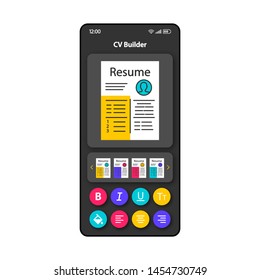 CV writing software smartphone interface vector template. Mobile app page color design layout. Professional resume builder screen. Flat UI for application. CV templates editor phone display
