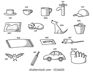CVC drawings of animals and objects (consonant-vowel-consonant)