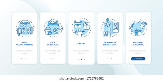 CVD causes onboarding mobile app page screen with concepts. Lack of exercise, obesity unhealthy habits walkthrough 5 steps graphic instructions. UI vector template with RGB color illustrations