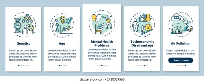 CVD risk factors onboarding mobile app page screen with concepts. Mental health problems, genetics walkthrough 5 steps graphic instructions. UI vector template with RGB color illustrations