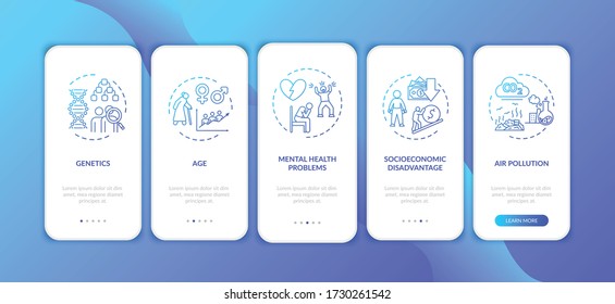 CVD risk factors onboarding mobile app page screen with concepts. Heart health problems causes walkthrough 5 steps graphic instructions. UI vector template with RGB color illustrations