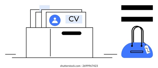 CVs organizados em uma caixa de arquivo, bolsa azul com uma etiqueta de preço, e sinal de igualdade sugerindo avaliação de trabalho justo. Ideal para recrutamento, RH, solicitações de emprego, igualdade, organização, diversidade do local de trabalho