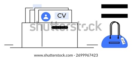 CVs organized in a file box, blue handbag with a price tag, and equality sign suggesting fair job evaluation. Ideal for recruitment, HR, job applications, equality, organization, workplace diversity