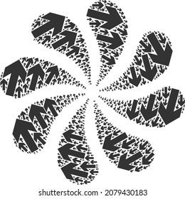 CW arrow direction icon rotation burst turbine fireworks shape. Turbine burst composed from scattered CW arrow direction icons.