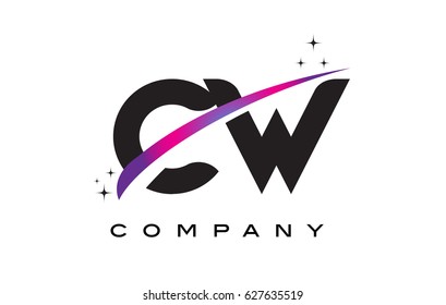 CW C W Black Letter Logo Design with Purple Magenta Swoosh and Stars.