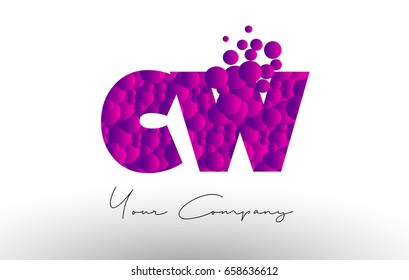 CW C W Dots Letter Logo with Purple Pink Magenta Bubbles Texture Vector.