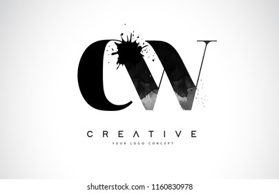 CW C W Letter Logo Design with Black Ink Watercolor Splash Spill Vector Illustration.