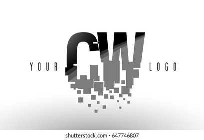 CW C W Pixel Letter Logo with Digital Shattered Black Squares. Creative Letters Vector Illustration.