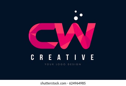 CW C W Purple Letter Logo Design with Low Poly Pink Triangles Concept